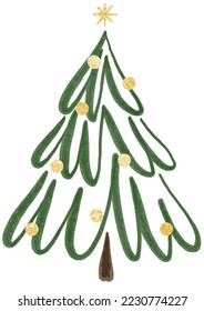 Hand drawn stylized watercolor Christmas tree with golden elements