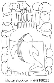 Hand drawn stylized whale in jar set. Flat vector style illustration. Animals theme. Lettering. Speech. Can be used as texture for cards, invitations, DIY projects, web sites or for any other design.