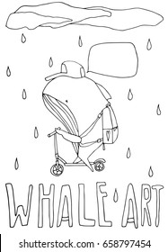 Hand drawn stylized whale in rain on scooter set. Flat vector illustration. Animals theme. Lettering. (Can be used as texture for cards, invitations, DIY projects, web sites or for any other design.)