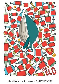 Hand drawn stylized whale and sea bed. Flat vector style illustration. Ecology theme. Heart. Bottle. (Can be used as texture for cards, invitations, DIY projects, web sites or for any other design.)
