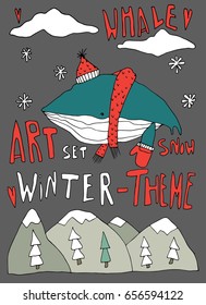 Hand drawn stylized whale in winter set. Flat vector outline style illustration. Animals theme. (Can be used as texture for cards, invitations, DIY projects, web sites or for any other design.)