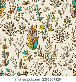 Hand drawn stylized wild flowers and herbs, seamless vector pattern with various flowers and herbs, floral background