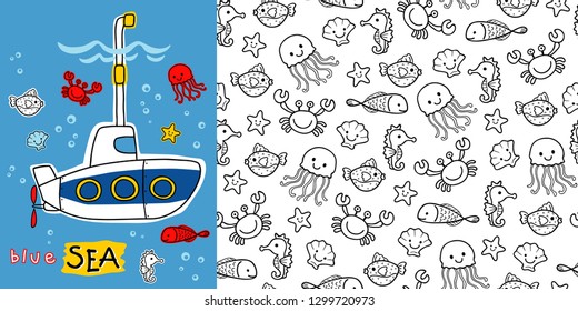 Hand drawn submarine cartoon with marine animals seamless pattern vector