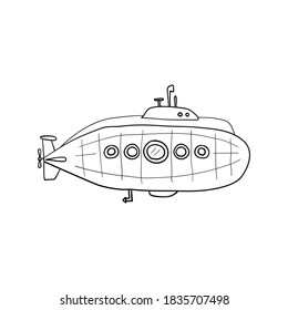 Hand drawn submarine with periscope, pig boat outline. Coloring page.