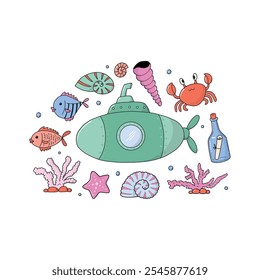 Hand drawn submarine and sea doodles nursery doodles set for posters, cards, prints, stickers, apparel decor, banners, etc. EPS 10