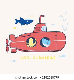 hand drawn submarine vector illustration with under water creatures