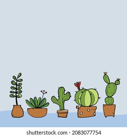 Hand drawn of succulent and cactus in pots on blue background