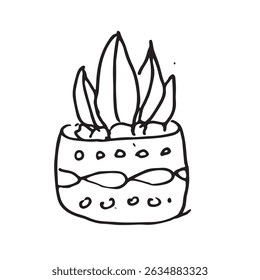 Hand Drawn Succulent in Decorative Pot Black and White Line Art