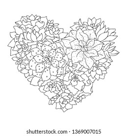 Hand drawn succulent heart. Amazing succulent garden decor idea. Sketch for anti-stress adult coloring page. Vector illustration. Textile or tattoo design.