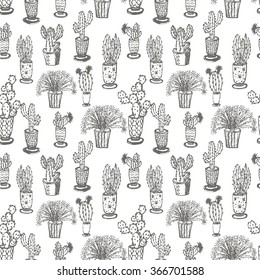 Hand drawn succulent ornament. Ink illustration. Seamless pattern with cactus in a pot.Cute hand drawn vector cactus in a pot . 