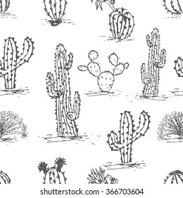  Hand drawn succulent ornament. Ink illustration. .Seamless pattern with cactus.. Vector illustration of a cactus isolated on a white background. Cute hand drawn vector cactus . 