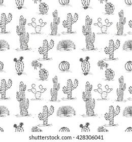Hand drawn succulent ornament. Ink illustration. .Seamless pattern with cactus.. Vector illustration of a cactus isolated on a white background. Cute hand drawn vector cactus .