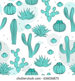 Hand drawn succulent ornament. Vector illustration. Seamless pattern with cactus.