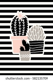 Hand drawn succulent plants in black, gray and pastel pink on striped background.