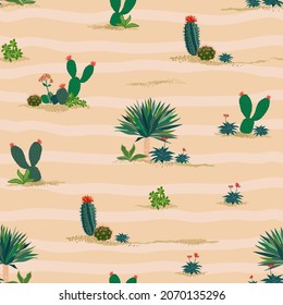 Hand drawn succulent plants seamless pattern on wavy background,vector illustration
