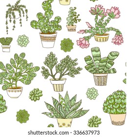 Hand drawn succulent seamless pattern