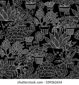 Hand drawn succulent seamless pattern On black background