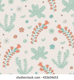 Hand drawn succulent seamless pattern. Underwater pattern with beautiful corals and seaweed.