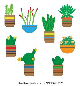 Hand drawn succulent set. Doodle florals in pots. Vector botanical set with cute house interior plants 