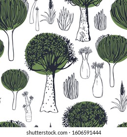 Hand drawn succulents of Africa on white background. Vector seamless pattern.