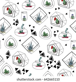 Hand drawn succulents in aquariums and abstract triangles. Vector seamless pattern