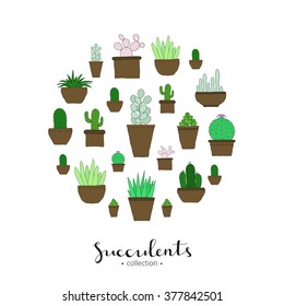 Hand drawn succulents and cactuses composed in circle shape. Exotic mexican houseplants.