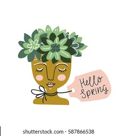 Hand drawn succulents in the ceramic pot with woman face. Scandinavian style illustration, Valentine's day card with lettering - 'hello spring'. Vector print design.