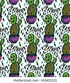 Hand drawn  succulents pattern. Seamless texture with objects: plants, succulent, stones. Hand painted vintage gardening background. Vector floral background.
