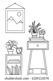 Hand drawn succulents in pots. Black and white. Coloring book page