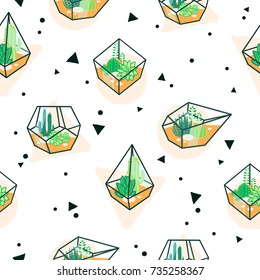 Hand Drawn Succulents in terrarium pattern in pastel colors