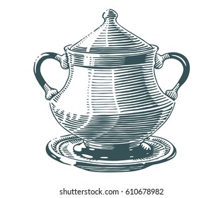 Hand drawn sugar bowl illustration in engraving style for menu or cafe. Black vintage cup plate isolated on white background