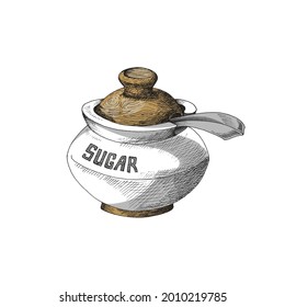 Hand drawn sugar bowl with wooden lid and spoon. Vector illustration of sugar bowl isolated on white background. Sketch of dishes for restaurant menu.