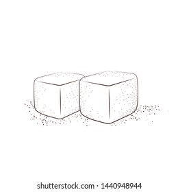 Hand drawn sugar cubes. Two white sugar cubes isolated on white background. Engraving style vector illustration