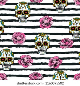 Hand drawn sugar scull and peony flower seamless pattern. Hand drawn line art Mexican design for textile, wrapping, wallpapers. Vector illustration.