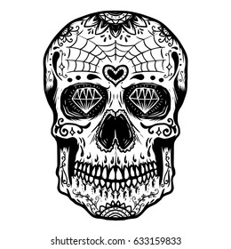 Hand drawn Sugar skull isolated on white background. Day of the dead. Design element for poster, t-shirt. Vector illustration