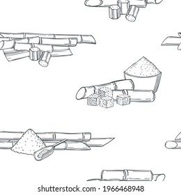 Hand drawn sugarcane on white background.  Vector  seamless pattern. 