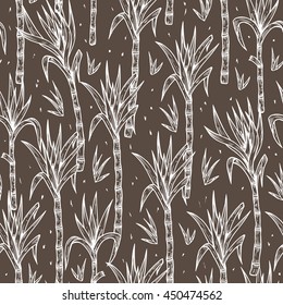 Hand Drawn Sugarcane Plants Vector Seamless Pattern. Sugar cane stalks with leaves endless background.