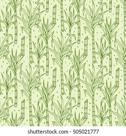 Hand Drawn Sugarcane Plants Vector Seamless Pattern. Sugar cane stalks with leaves endless background