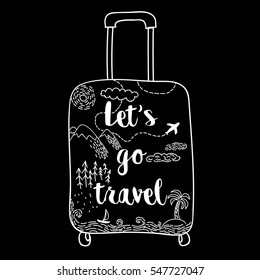 Hand drawn suitcase with mountains, forest, airplane, sea and caliigraphy quote Let's go travel. Wanderlust.  Sketch style. Vector illustration.