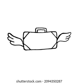 Hand drawn suitcase with wings, single element isolated on white background