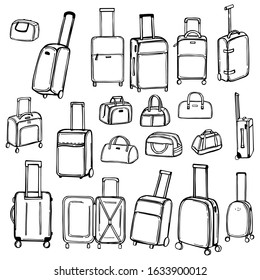 Hand drawn suitcases and bags. Vector sketch  illustration.