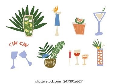 Hand drawn summer abstract cocktail drinks