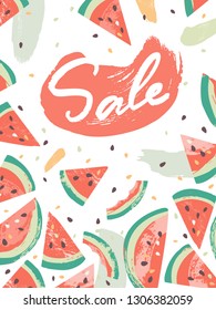 Hand drawn summer backgroound with watermelon, paint brush strokes and sale lettering sign. Illustartion for banner, sicual media, poster, festival, menu, special offer