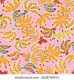 Hand drawn summer bananas seamless pattern. Vector pink background with tropical fruits. Cute modern artist painting. repeat exotic bananas illustration for textile design, fabric, wallpaper, print.