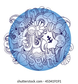 Hand drawn summer banner with ocean waves, beach umbrella, swimsuit, fish, anchors, flowers, sea stars. Vector illustration.