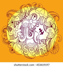 Hand drawn summer banner with ocean waves, beach umbrella, swimsuit, fish, anchors, flowers, sea stars. Vector illustration.