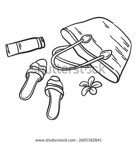 Hand drawn summer beach bag. Italian sea voyage weekend or vacation. Dolce vita doodle illustration for print, party, invitation. Drawing in sketch style.	
