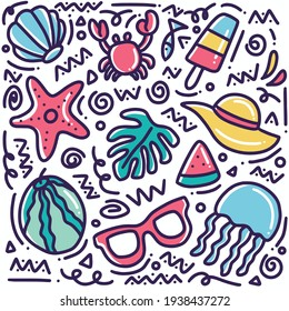 handgezeichnete Badedoodle mit Symbolen und Designelementen