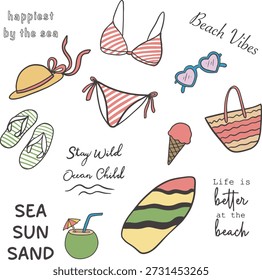 Doodle de playa de verano dibujado a mano en colores pastel suaves y coloridos. Colección de accesorios de playa que incluyen bikini, tabla de surf, coco, gafas de sol, sandalias, bolso y sombrero. Ilustración vectorial de vacaciones tropicales estéticas lindas aisladas en blanco.