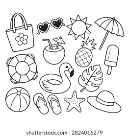 Hand drawn summer beach doodle collection featuring sunglasses, umbrella, pineapple, flamingo, flip flops, starfish, lifebuoy, bag, popsicle, sun, hat, ball, and tropical holiday accessories for creative seasonal projects and branding